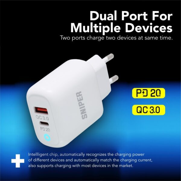 SNIPER Wall Charger Fast Charging Dual Port USB Quick Charger C 3.0 & Type-C PD 20 W