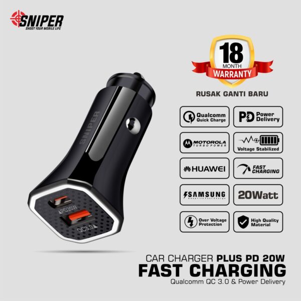 Sniper Car Charger Type C PD 20W & USB QC3.0 18W Fast Charging