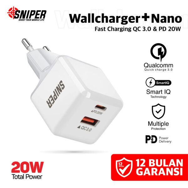 Sniper Wall Charger Plus Nano 2 Port Fast Charging Type C PD 20W & USB QC 3.0
